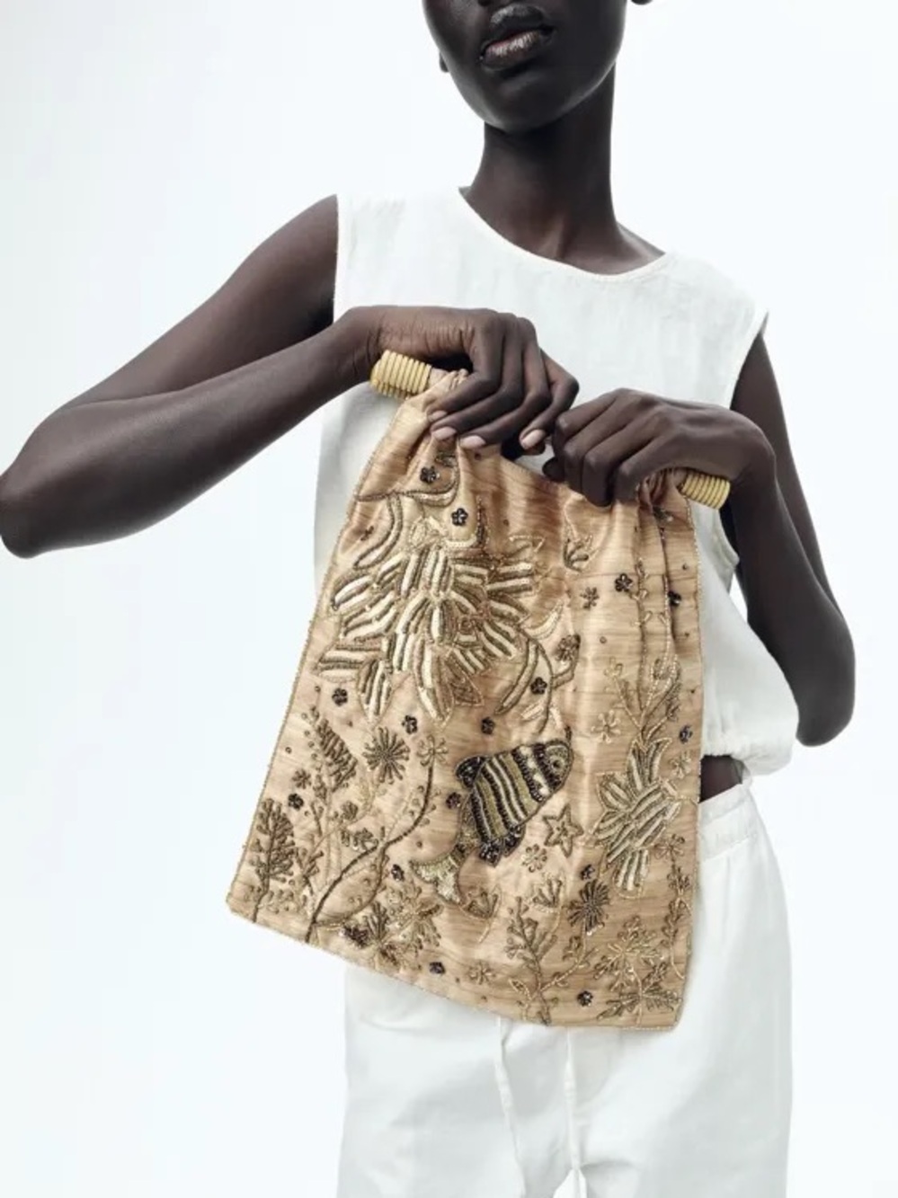 Zara NWT Blush Pink Beige Sequin Beaded Embroidered Wood Handle Clutch Handbag - Picture 5 of 7